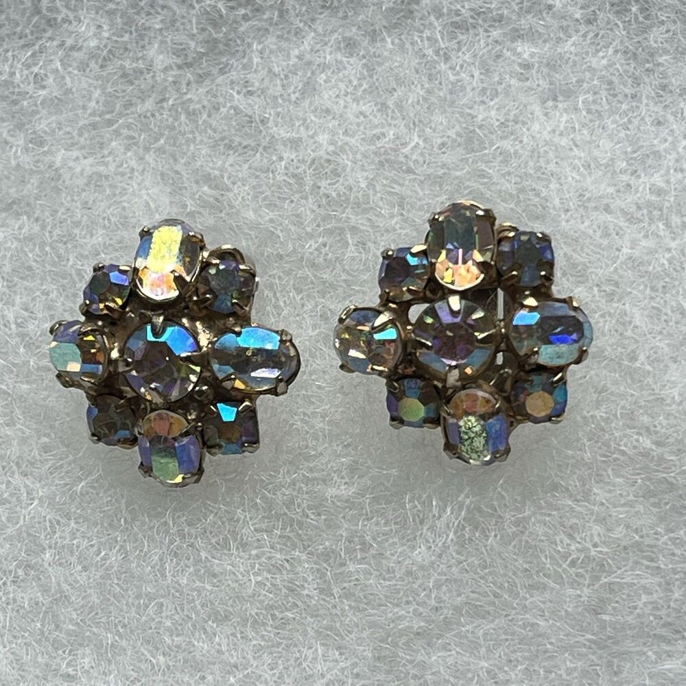 Vintage Kramer 1950s Aurora Borealis Rhinestone Crystal Clip Earrings Cocktail